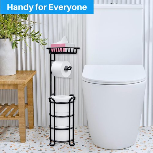 Toilet Paper Holder Stand with Shelf, Free Standing Toilet Tissue Roll Storage Rack for Bathroom, Black