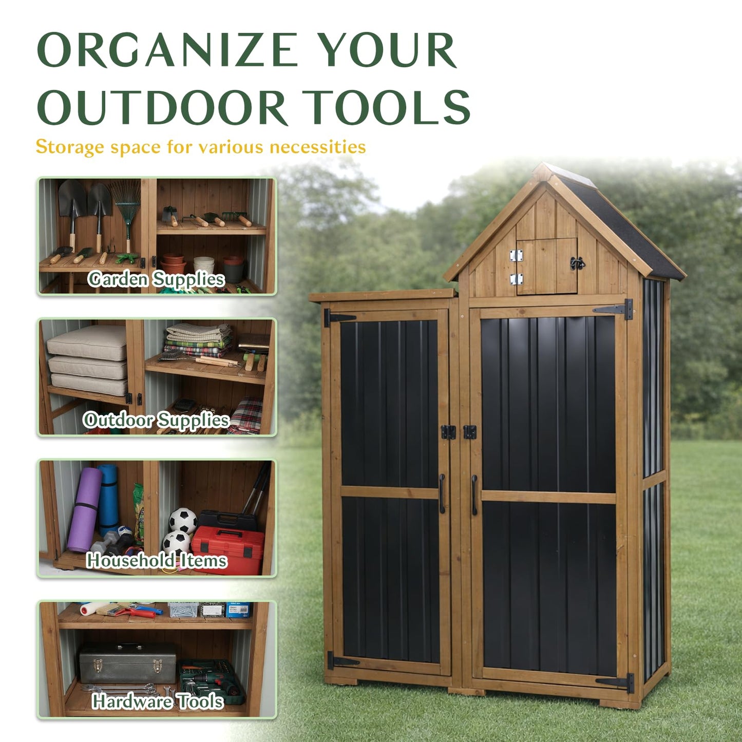 Outdoor Storage Cabinet Weatherproof with 3 Adjustable Shelves, 66'' H Wood & Metal Storage Shed with Lockable Doors & Waterproof Roof, Outside Garden Tool Sheds, Brown
