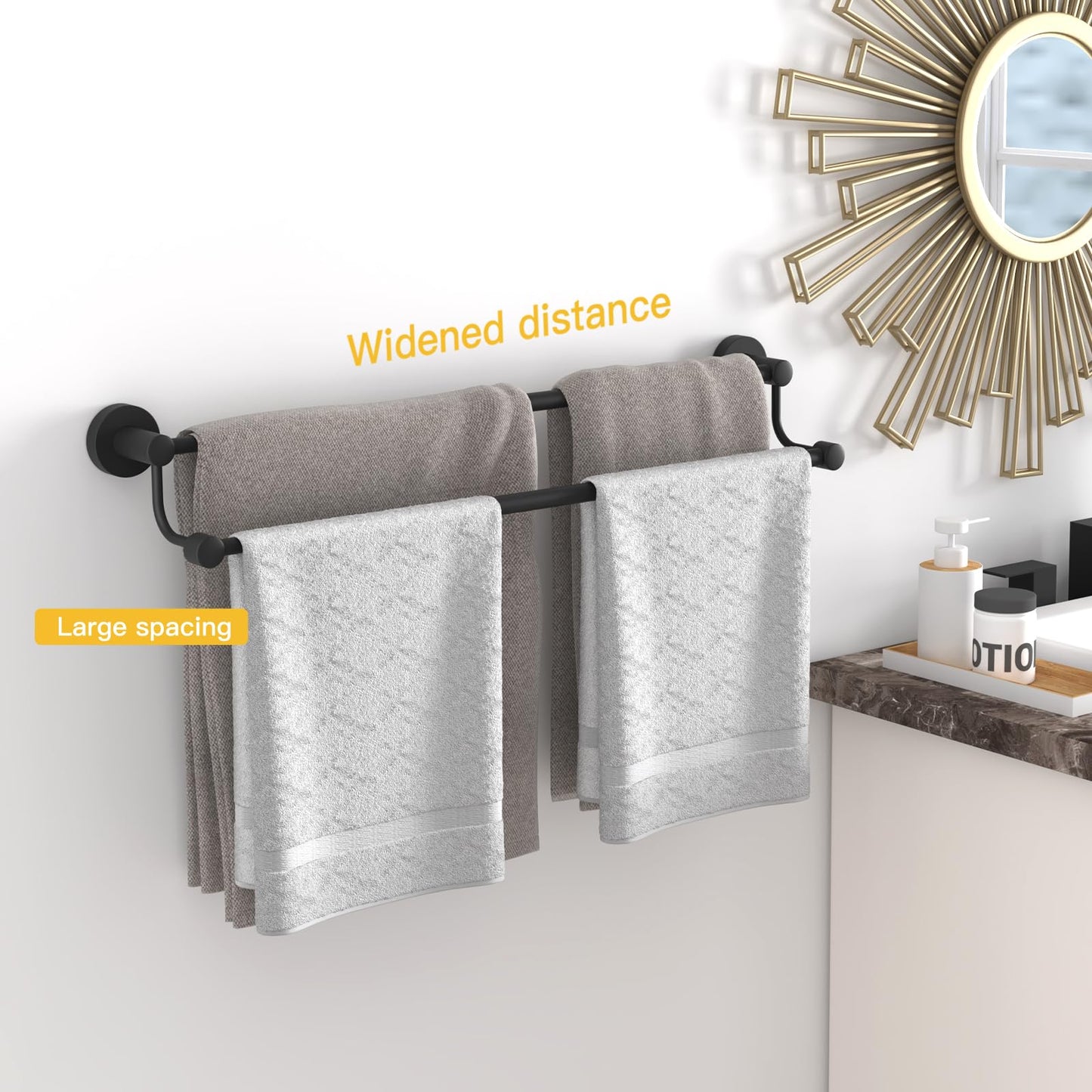 BESy Adjustable 16-26 Inches Double Bath Towel Bar for Bathroom SUS304 Stainless Steel Towel Holder, Hotel Style Wall Mount with Screws Hand Towel Bar Towel Rack Rod Hanger, Matte Black Finish