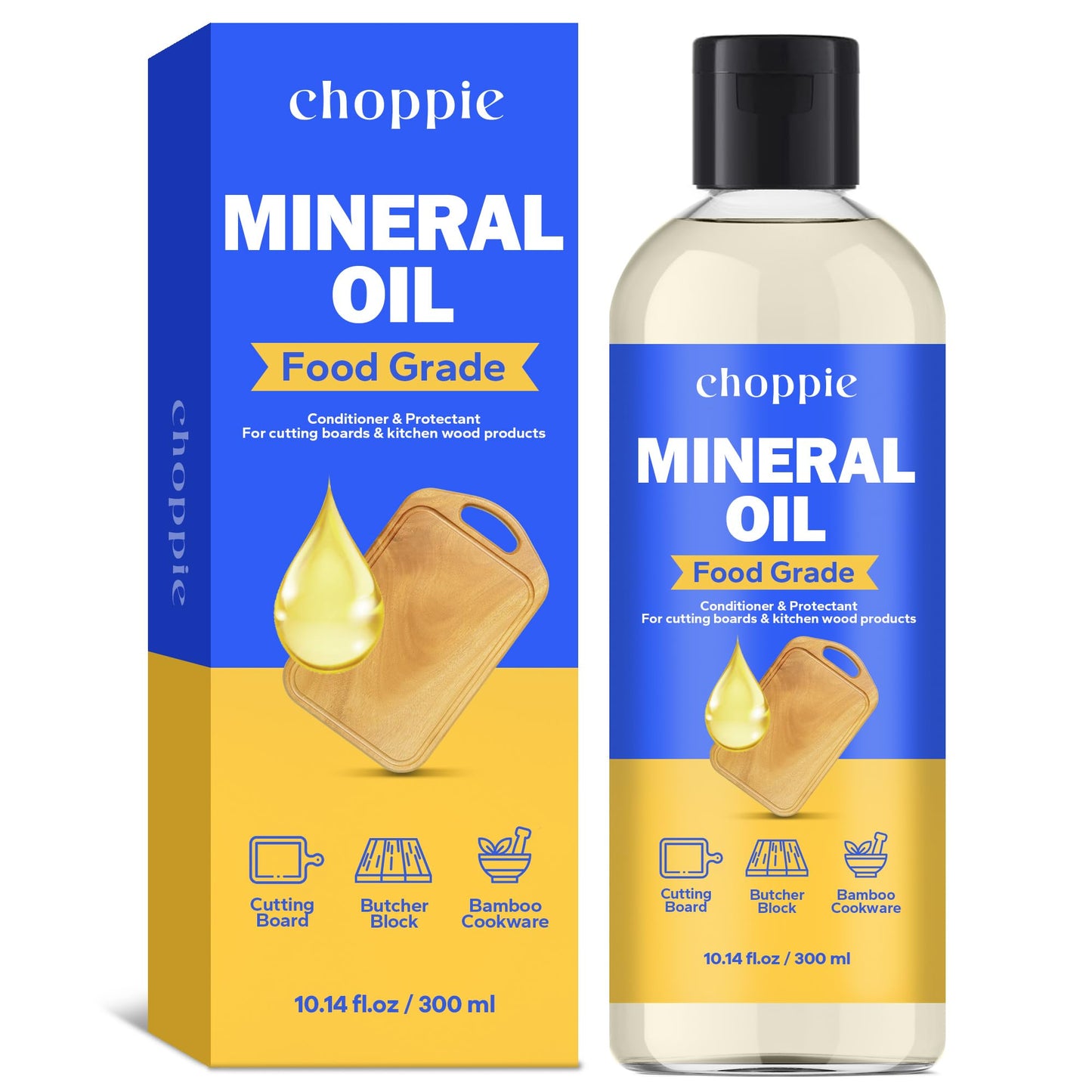 Choppie Mineral Oil (10.14 fl.oz), Food Grade Mineral Oil for Cutting Boards, Butcher Block for Maintaining Wooden & Bamboo Cutting Boards, Prevents Drying & Cracking