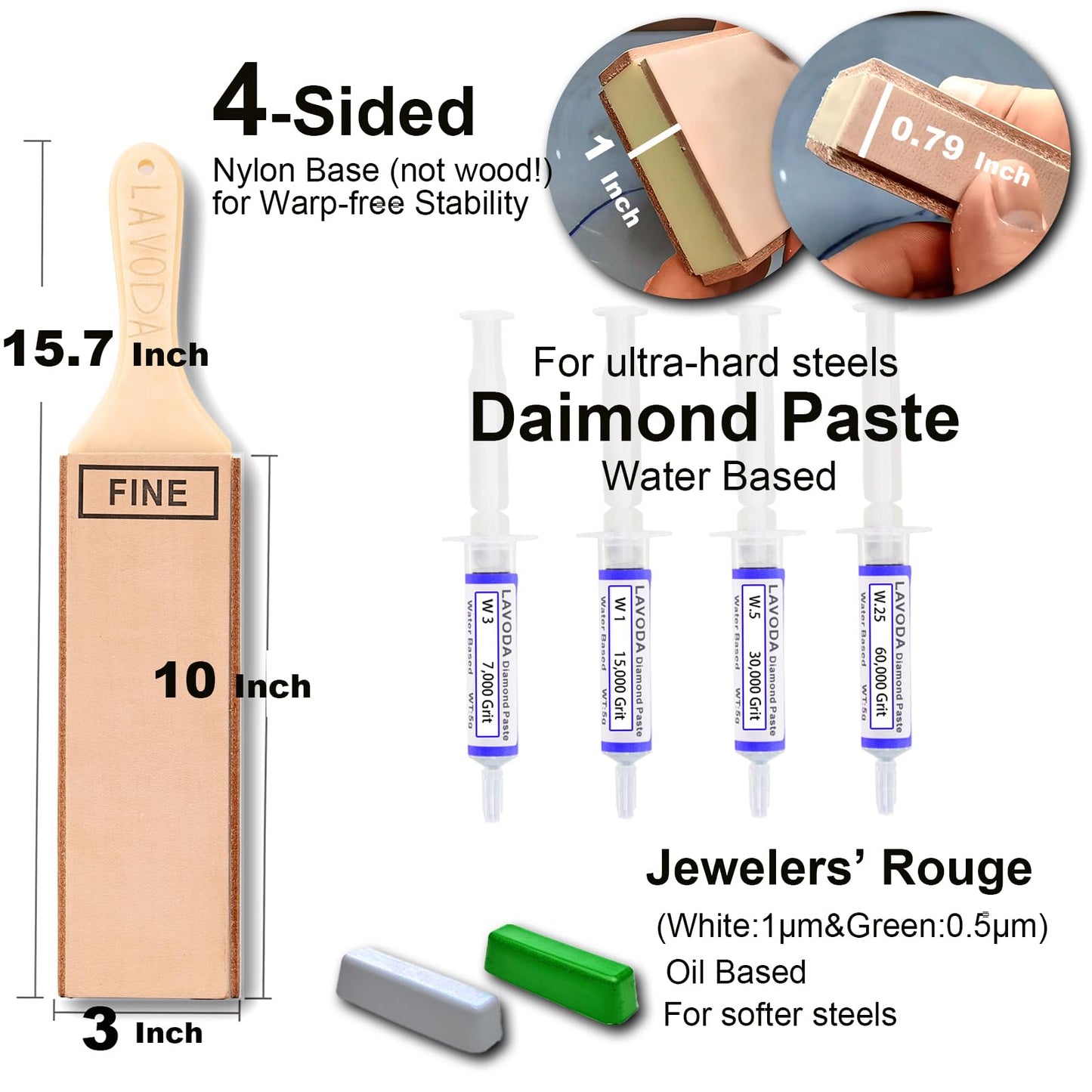 LAVODA 4-Side Leather Strop 15.7"x3" – Diamond Paste+Heavy Duty Buffalo+Nylon Base, Ultimate Knife Polishing&Honing Kit, Warp-Free Design for Mirror Edges on All Blade Types