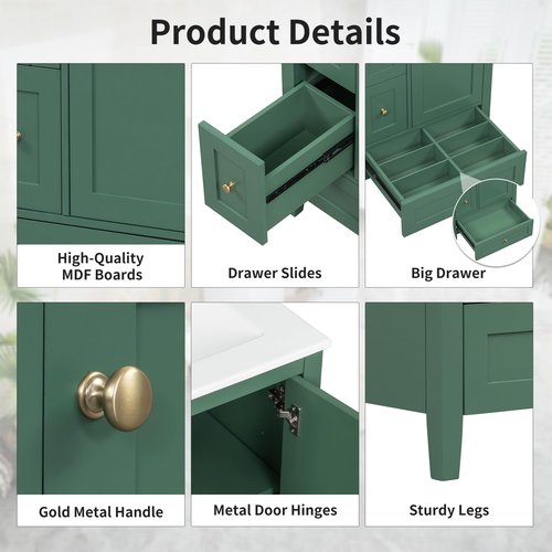 Polibi 24in Bathroom Vanity with Ceramic Sink,Bathroom Cabinet with Two Drawers,Adjustable Shelf and Removable Dividers Drawer,MDF & Rubberwood, Compact Storage for Small Bathrooms (Dark Green)