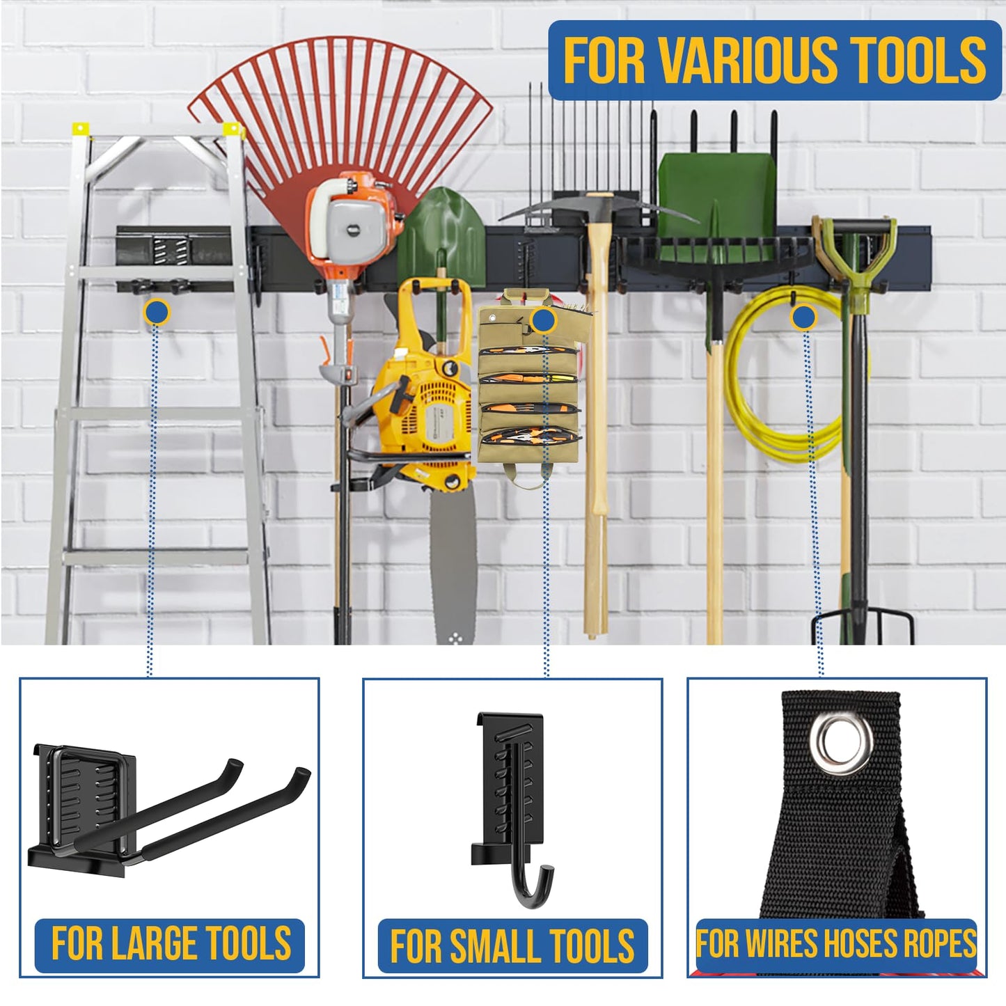 Volitaous 48Inch Garage Garden Tool Organizer Wall Mount, Heavy Duty Garage Tool Storage Rack, Adjustable Mix 9PC Metal Hooks, Rake Hangers Yard Tool Organizer Rack, Max 300Lbs