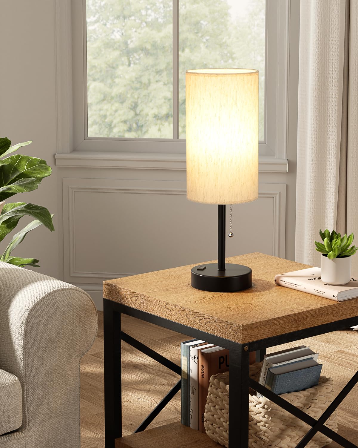 17.4" Large Bedside Table Lamps Set of 2 - 3 Color Temperatures Pull Chain Lamp with AC Outlet Charging Port, Round Night Stand Lamps for Bedroom Guest Room Office, Bed Side Light with E26 LED Bulbs