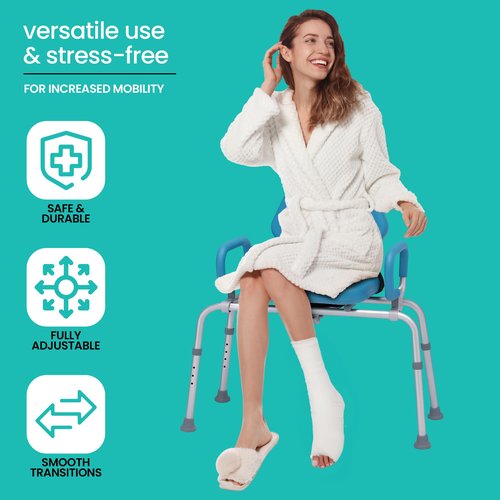 Sliding Shower Chair – Safe Rotating Tub Transfer Bench for Seniors & Disabled, Padded Swivel Seat with Handles, Compact Adjustable Bath Bench, Fits Most Bathtubs
