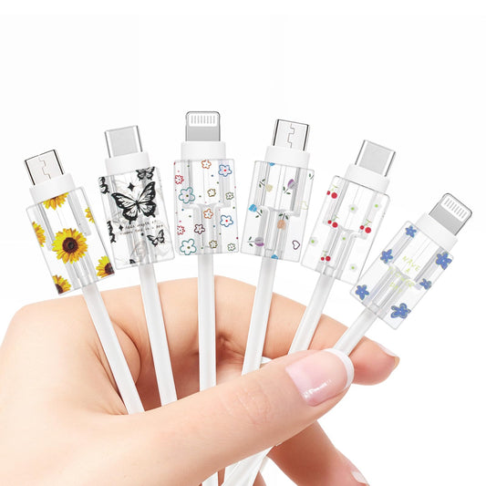Charger Cord Protector 6 Pcs Phone Cord Protectors for Lightning Cute Charger Cable Protector Flower Butterflies Transparent Type-C Ptu Cable Protectors for Cords