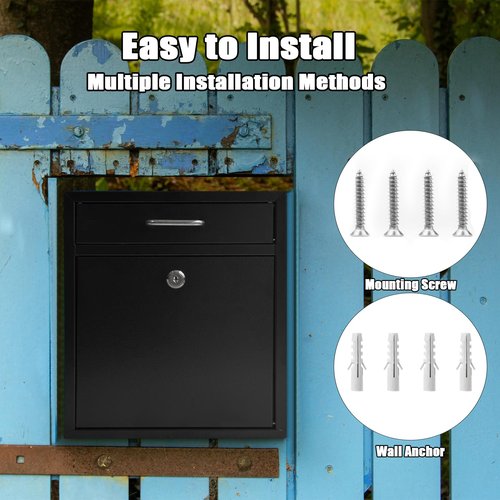 Wall Mount Locking Mailboxes for Outside Large Locking Security Mail Drop Box with Key Lock Black Metal Hanging Secure Postbox for Outdoor, House and Apartment (12 X 10.5 X 4.72 Inches)