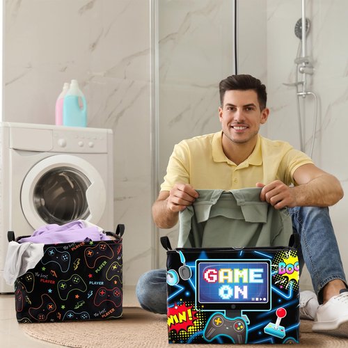 Weysat 2 Pcs Gaming Laundry Basket for Boys Gamer Hamper Video Game Cube Storage Bins with Handles Rectangle Foldable Waterproof Clothes Toys Storage Organizer for Bedroom Bathroom Gamer Room Decor