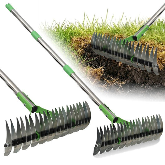 Heavy Duty Thatch Rake for Lawns - 13” Deep-Clean Dethatching Rake for Dead Grass & Moss Removal, Dual-Sided Manual Dethatcher and Scarifier Tool, 65" Long Metal Handle for Garden Yard Lawn Care