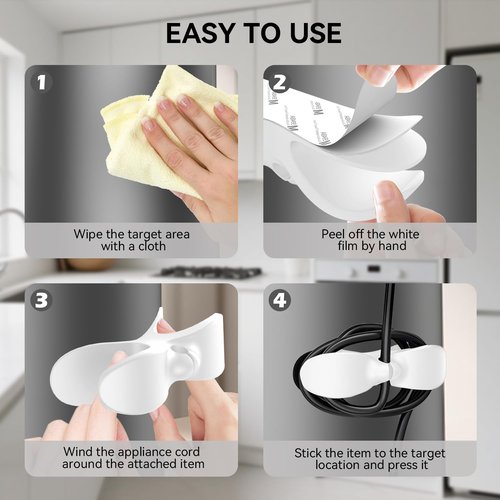 6 Pack Adhesive Cord Organizers for Kitchen Appliances - Stick-On Holder & Winder for Mixers, Blenders, Air Fryers, Toasters (2 Black/White/Gray)