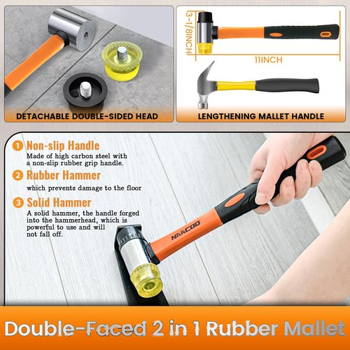 Laminate/Vinyl Flooring Tools, NAACOO Tapping Block for Vinyl Plank Flooring - Double Sided with Notches, Pull Bar, 40Pcs Floor Spacers, Rubber Mallet. Universal Floor Installation kit.