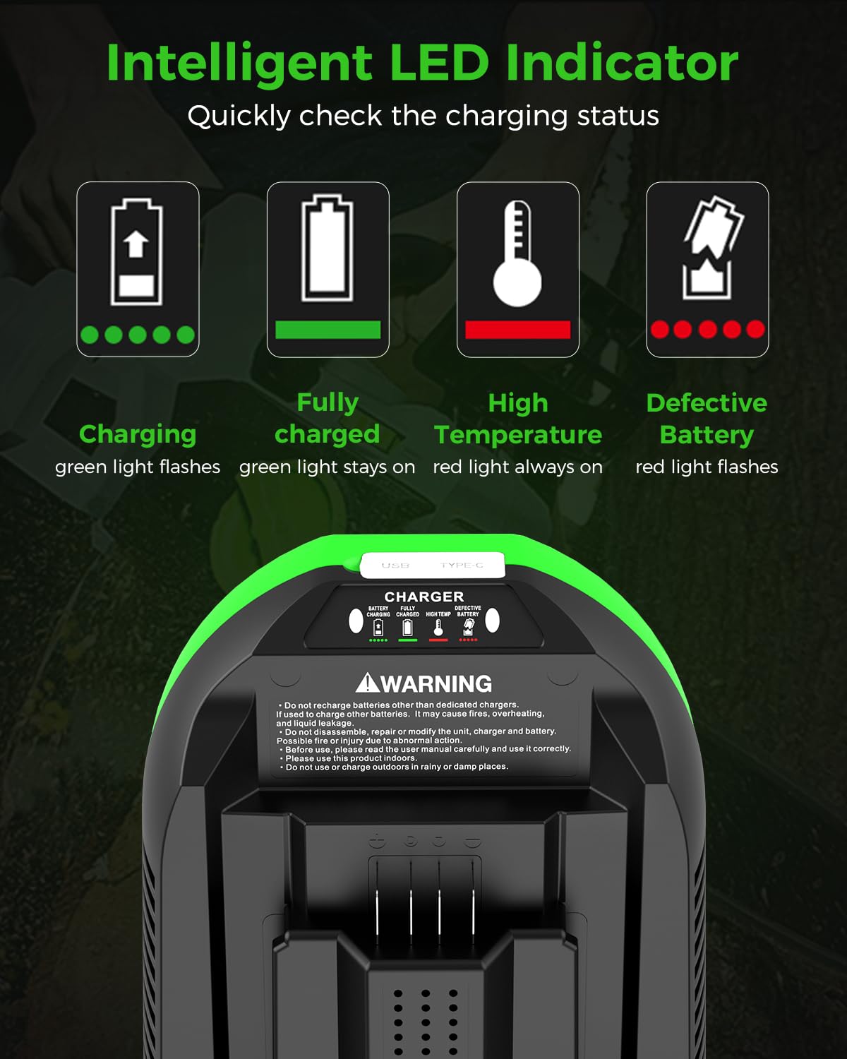 Aoasur Replacement for EGO 56V Battery Charger Compatible with EGO 56V Battery BA1400T BA2242T BA2800T BA3360T - for EGO Power+ CH3200 CH5500 CH2800(Green)