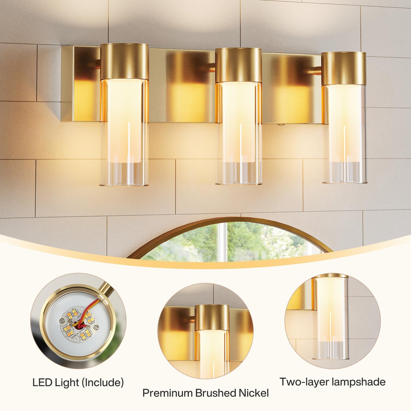 Tribesigns LED Bathroom Light Fixtures, 3-Light Vanity Lights Over Mirror, Wall Lights with 3 Color Modes & Gold Finish, Wall Sconces with Clear Glass Shades for Bathroom Hallway Bedroom