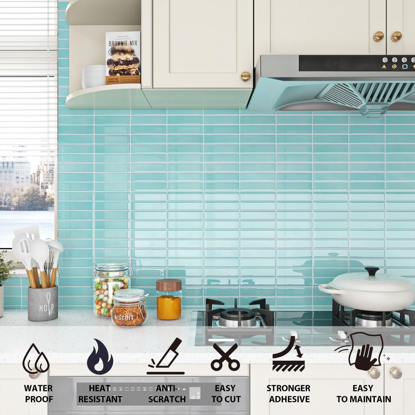 ReWallpaper 17-Sheet Removable Tile Backsplash Peel and Stick Tile for Bathroom Waterproof Self Adhesive Wall Tiles 12x12 inch Blue Green Stick on Backsplash Tiles for Kitchen Islands Renter Friendly