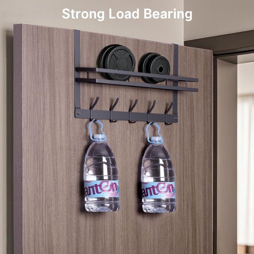 Senmeo Over Door Storage Rack with Shelf and 5 Hooks, Metal Hanging Organizer, 17 x 11 inches, Black