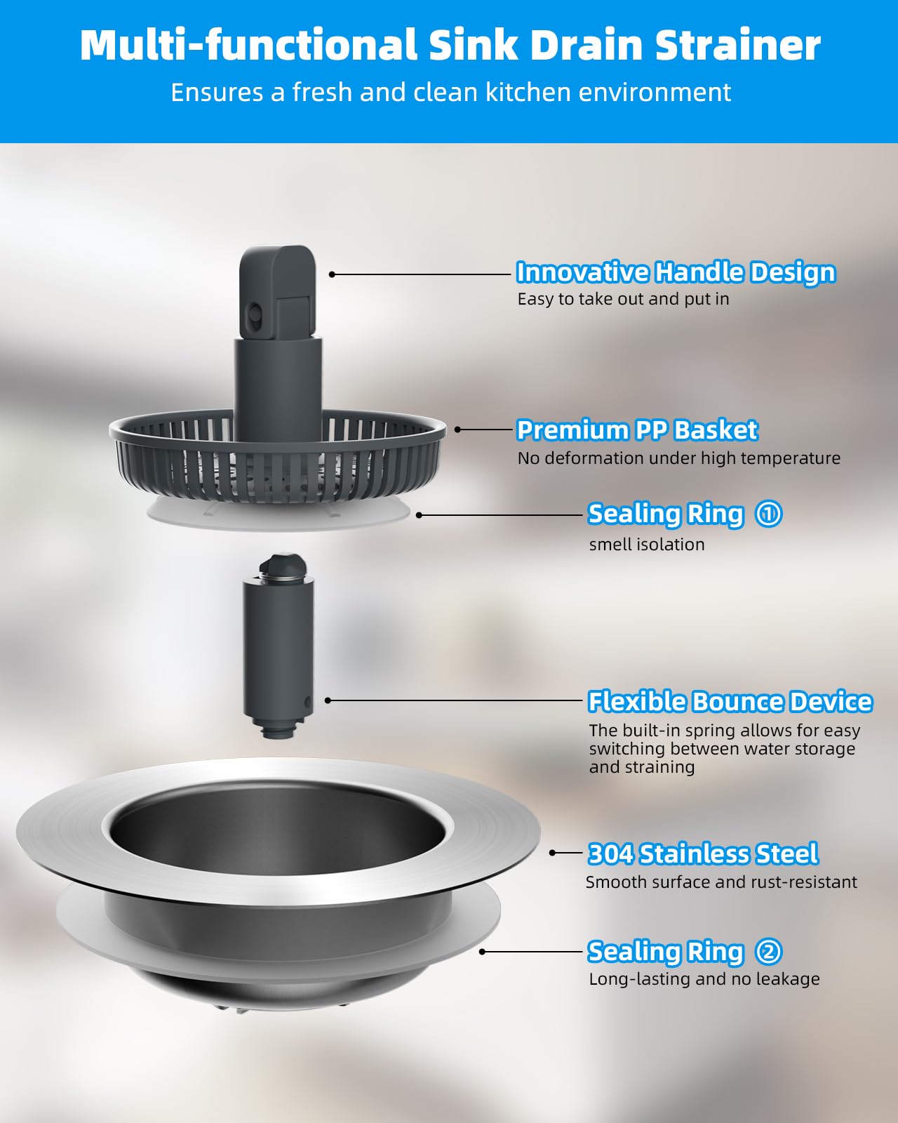Hibbent Upgraded 3 in 1 Kitchen Sink Drain Strainer and Stopper Combo, Stainless Steel Metal Pop Up Sink Stopper, Anti-Clogging Basket with Foldable Handle for US Standard 3-1/2 Inch Drain