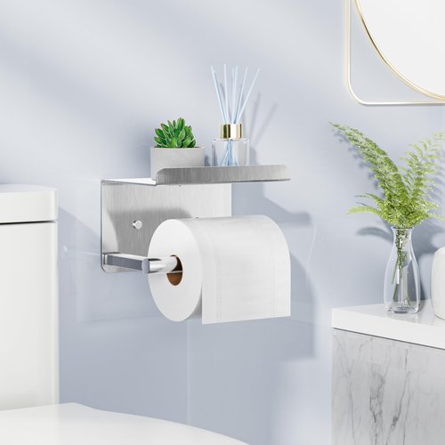Self-Adhesive Toilet Paper Roll Holder - Wall Mount Or Adhesive Toilet Paper Holder with Shelf,Toilet Roll Holder, Tissue Holder for Bathroom,Wall Toilet Paper Holder, Stainless Steel,Chrome