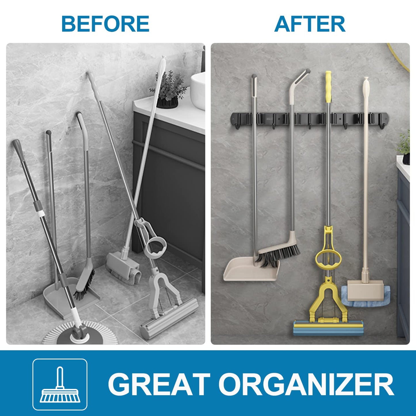 IMILLET Broom and Mop Holder Wall Mounted, Stainless Steel Broom Organizer Heavy Duty Tools Organizer Self Adhesive Mop Holder for Home Laundry Room Garage Garden (4 Racks and 5 Hooks)