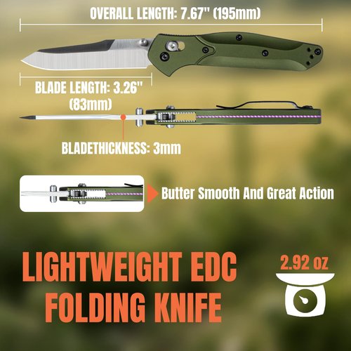 Pocket Knife, Reverse Tanto Blade EDC Folding Knife, 3.2" D2 Steel Blade with Green Aluminum Handle and Reversible Pocket Clip, Gifts for Men Women Camping Hiking