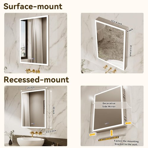 pidock Bathroom Medicine Cabinet Mirror 24"x30", Dimmable Aluminum LED Mirror Cabinet with Anti-Fog, Soft-Close Hinges, Adjustable Glass Shelves, Touch Sensor, High CRI Lighting,Single Door Right