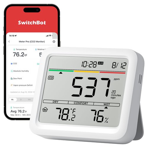 Air Quality Monitor Indoor 5-in-1 Meter Pro CO2 Detector, CO2 Alarm, CO2 Monitor with APP, Large Display, Bluetooth Air Quality Tester for Home, Office, 2-Year Data Storage (Meter Pro CO2)