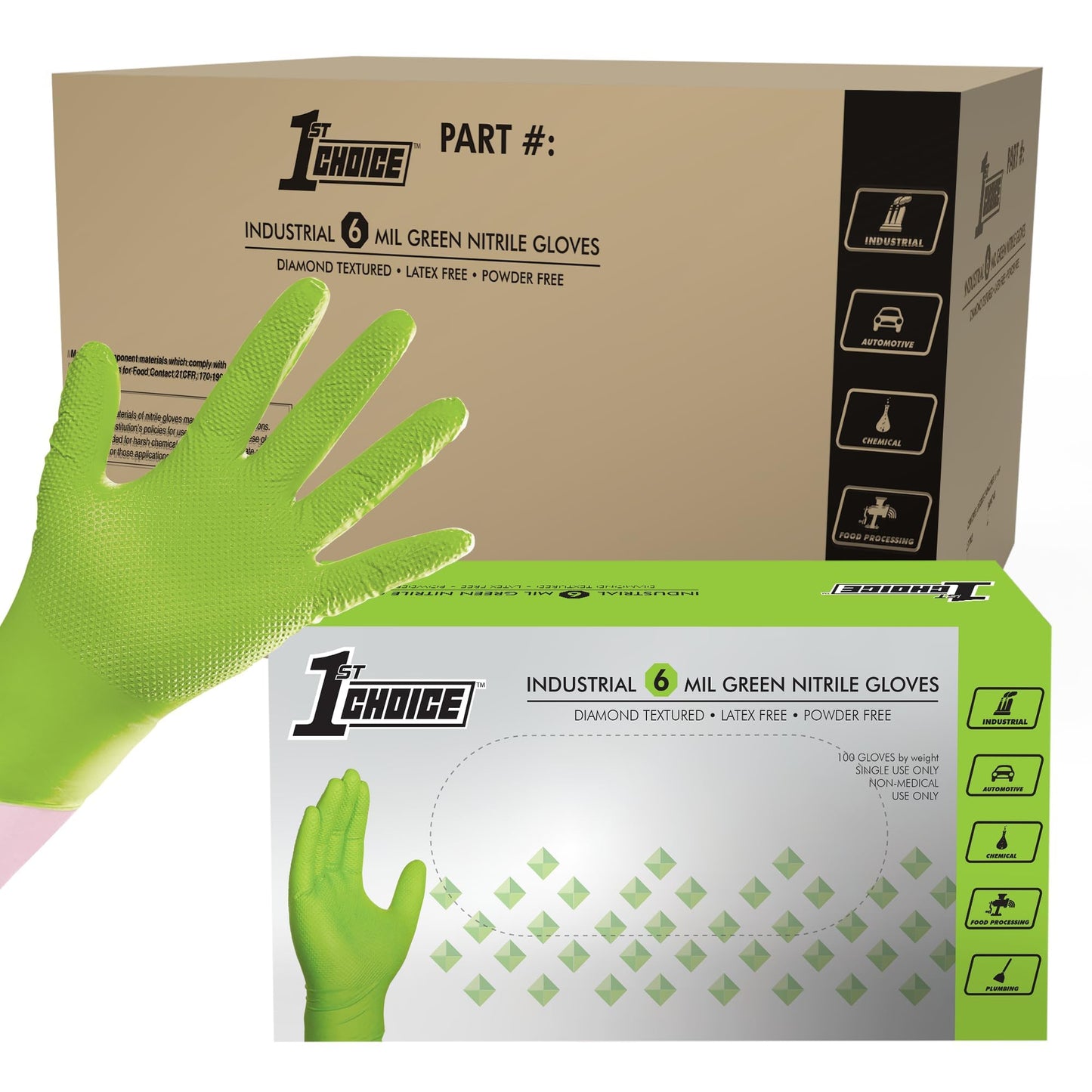 1st Choice 6 mil Green Gloves, Disposable, Latex Free, Raised Diamond Grip, Mechanic Glove for Men, Large, Case of 1000