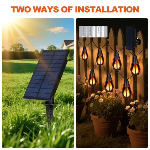Solar String Lights Outdoor Waterproof, 20ft Outdoor Solar String Lights, Gazebo Lights, Solar Flame Lights with 10 Flickering Flame Bulbs for Outside Camping Backyard Garden Decor