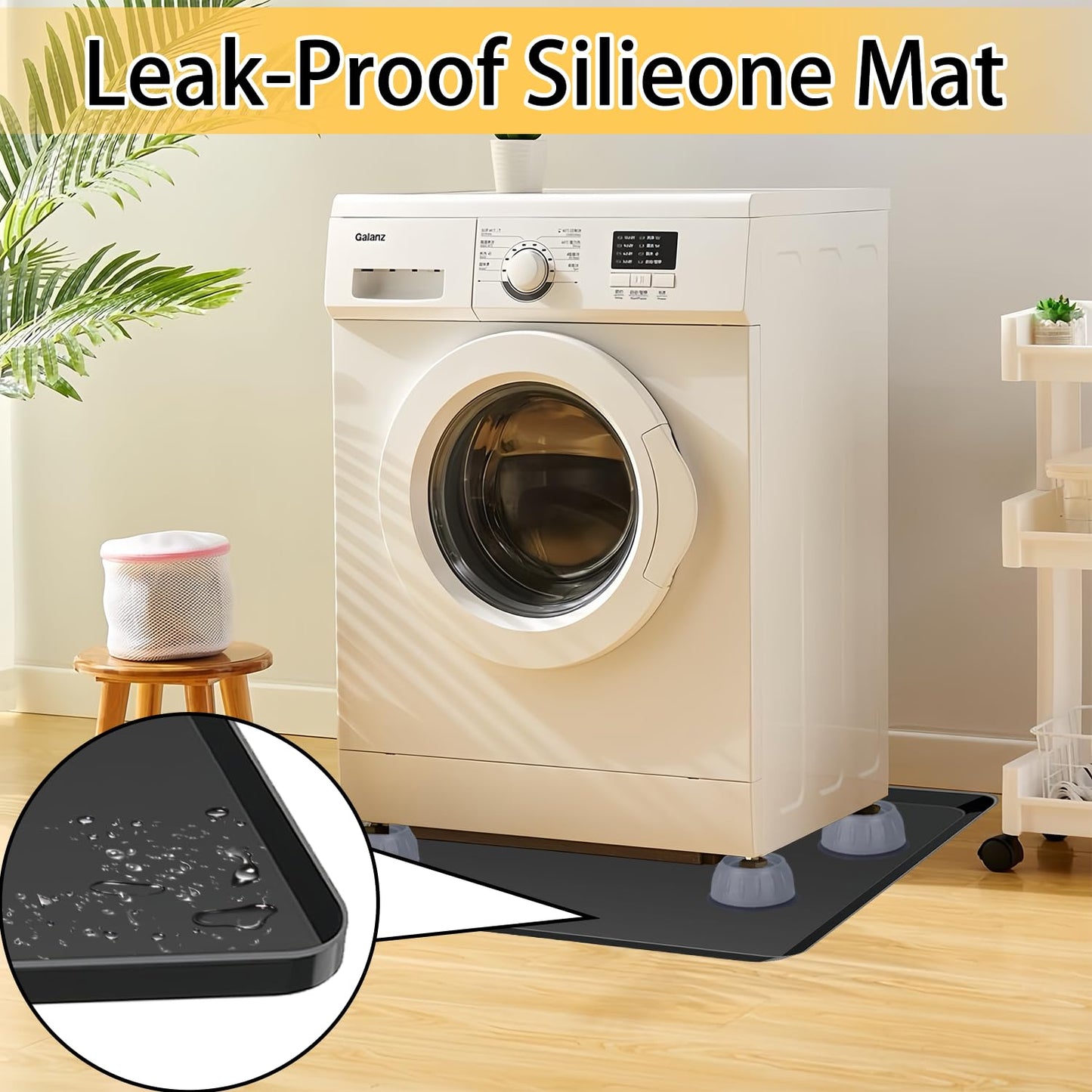 Large Washing Machine Drain Pan 33"x30" with 4 Anti-Vibration Foot Pads Washer Tray,Non-Slip, Waterproof, Laundry Appliance Floor protection Set Noise Reduction Leak Prevention -Soft Silicone Mat