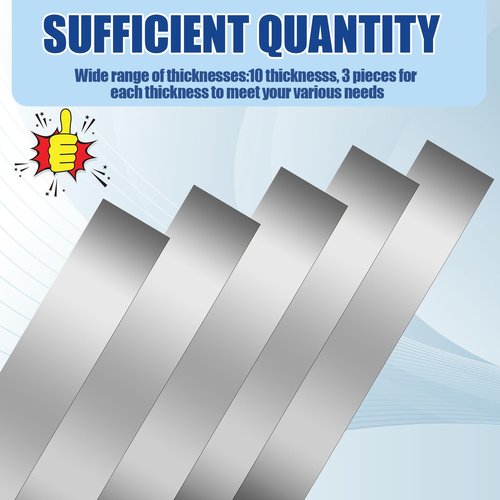 30 Pieces Shim Stock Assortment Metal Shim Stock 304 Stainless Steel Strips 1" Width x 6" Length, 0.0007", 0.001", 0.0015", 0.002", 0.003", 0.004", 0.005", 0.006", 0.008", 0.01" Thickness Metal Shims