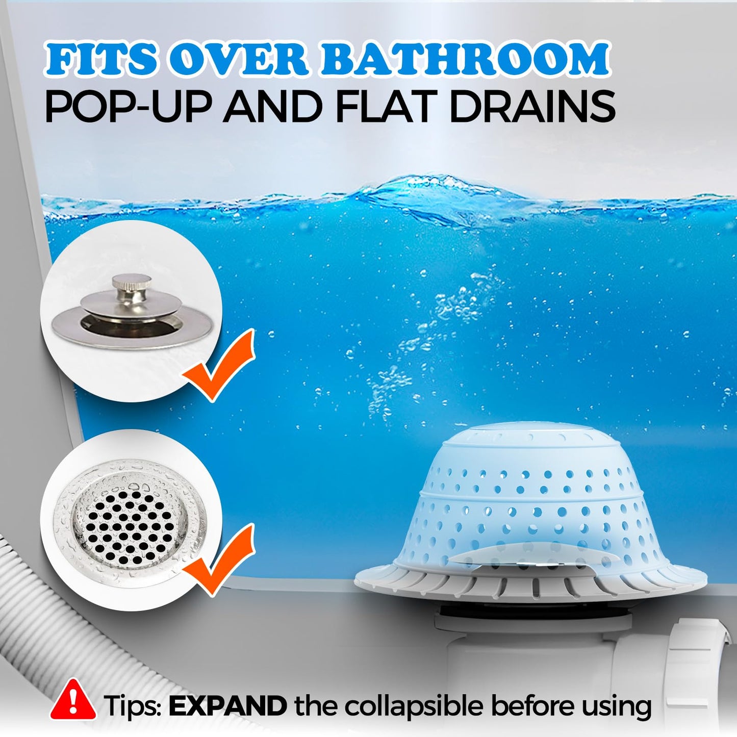 zaa Bathtub Drain Hair Catcher, Silicone Collapsible 3 Pack Drain Protector for Pop-Up and Regular Drains of Shower, Bathtub, Tub, Bathroom, Sink, Black Grey Blue