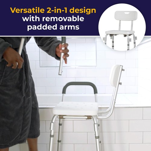 Drive Medical 12445KD-1 Shower Chair with Back and Padded Arms, Adjustable Height Bath Stool with Nonslip Feet, Tub Chair for Elderly, Bath Seat with Back, 350 LB Weight Cap, White