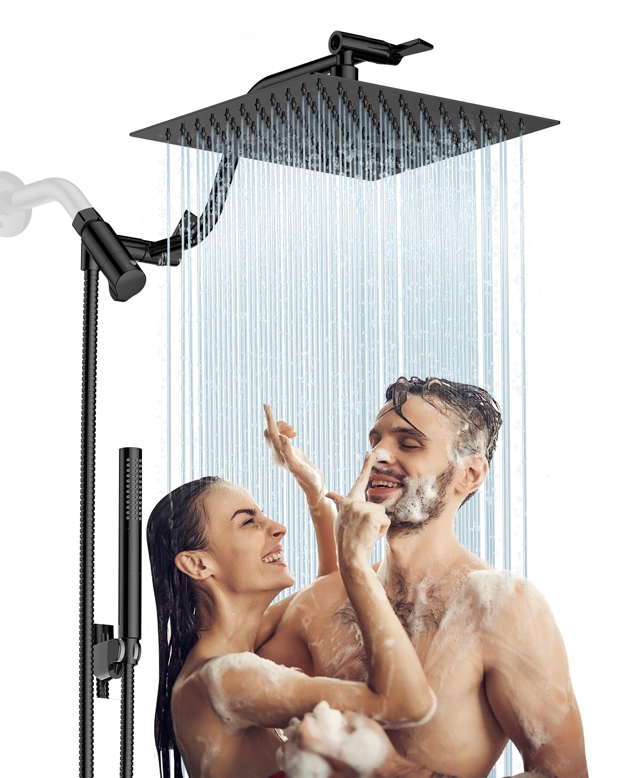 HOPOPRO 10” All Metal Rainfall Shower Head Combo with Handheld Spray, High Pressure Showerhead Combination, Adjustable Dual Showerheads with Extension Arm, Full-Body Coverage Shower Experience, Black