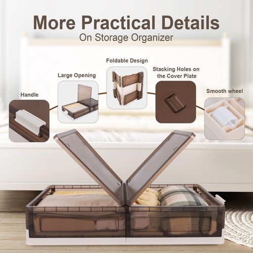 TlaroRiz Plastic Under Bed Storage 58QT/14.5Gal Flat Underbed Storage Containers with Lid and 8 Rolling Wheels Folding Stackable Under Bed Organizer Boxes for Clothing Blanket Shoes Books,1 Pcs