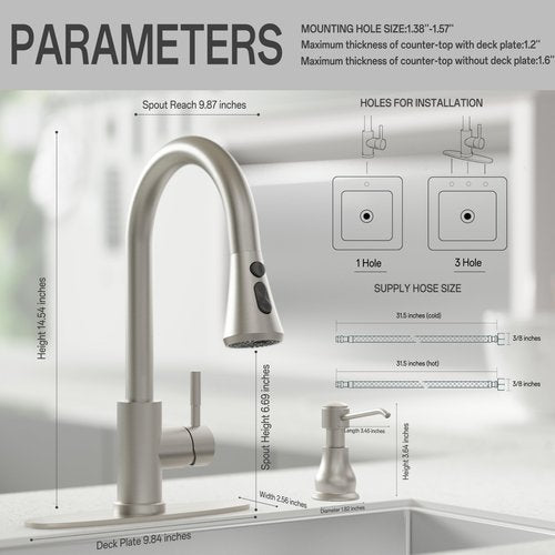 VXV Kitchen Faucet with Soap Dispenser, 3 Modes Kitchen Faucet with Pull Down Sprayer, Stainless Steel Sink Faucet for Farmhouse, Bar, and RV, with Deck Plate and 1/2'' Adapters