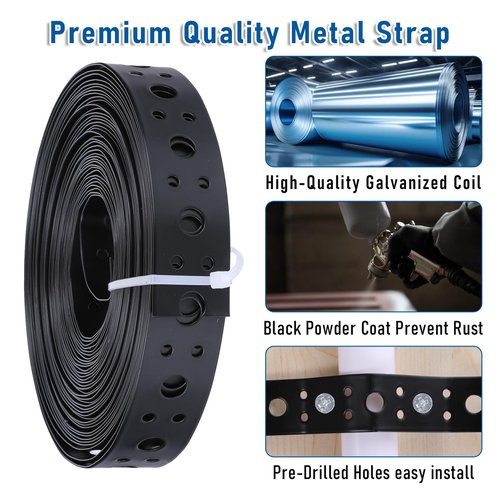 Metal Strap 1-Inch x 33FT 0.6mm Bendable Pipe Hanger Thin Metal Strapping with Holes Plumbers Strap Flexible Trimming for Pipe Supports Hanging, Black
