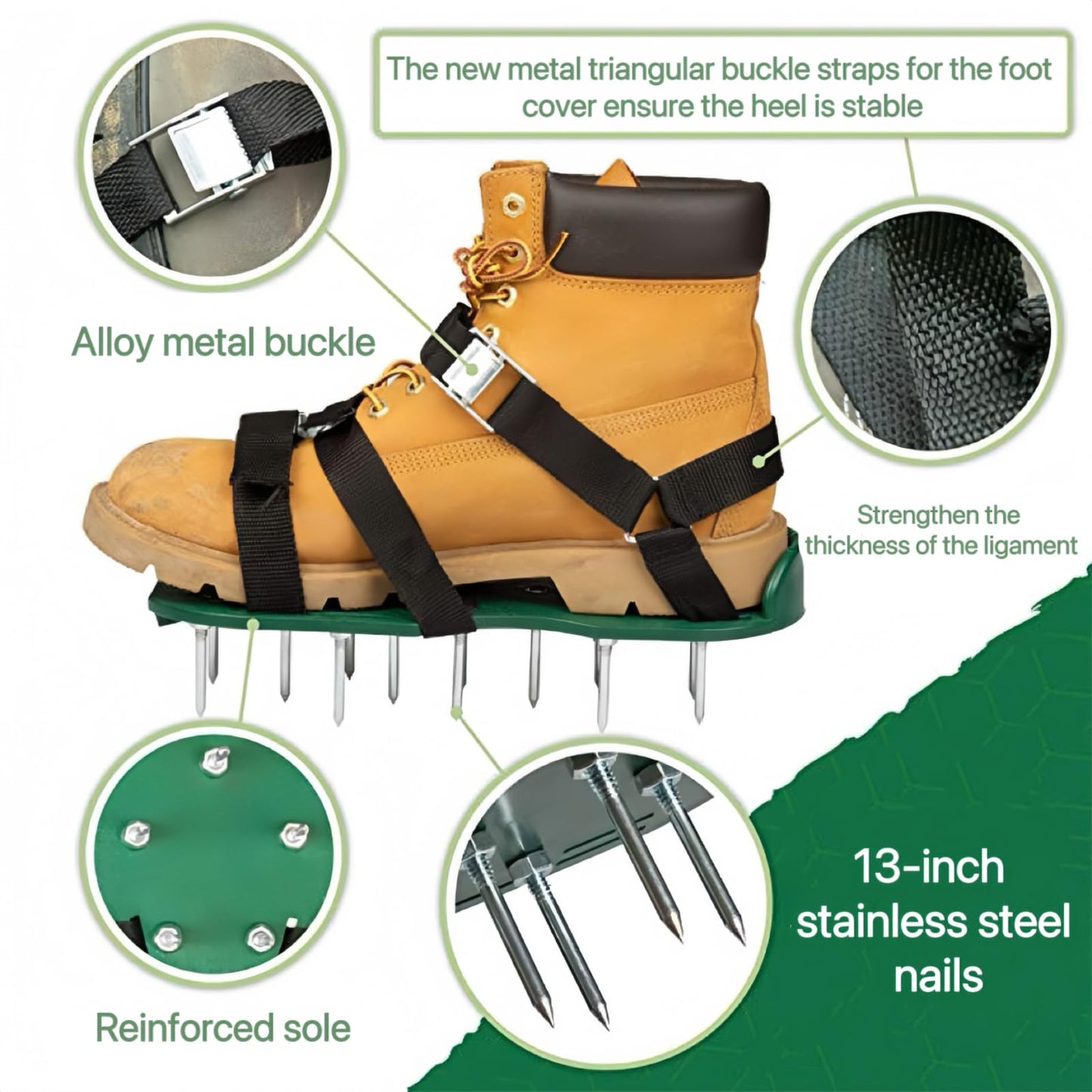 Twomissone Lawn Aerator Shoes with Hook & Loop Straps Heavy Duty Spiked Aerating Sandals One-Size-Fits-All & Easy to Use for Yard Patio Lawn Garden (DarkGreen)