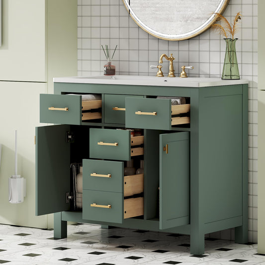 LUMISOL 36 Inch Bathroom Vanity with Sink, Modern Green Bathroom Vanity with 4 Drawers & 2 Soft-Close Doors, Solid Wood Bathroom Sink Cabinet with Ceramic Sink, Green