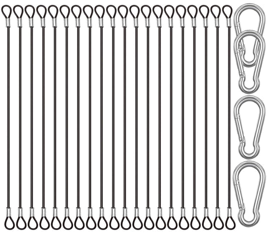CKANDAY 20 Pack 6 Inch(15cm) Safety Stainless Steel Tethers with 4 Pcs Spring Snap Hook Clips, Steel Wire Cable with Loops Vinyl Cover Coated Short Rope Lanyard Lock Safety Tether Chains, Black