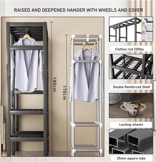 YDEHUEAD Foldable Portable Wardrobe On Wheels, Freestanding Garment Rack, with Magnetic Door 2000lbs, Heavy Duty Clothes Rack, for Bedroom Closet Systems (White (with Pattern), 150CM/59IN)