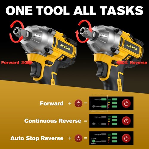 AIDERAR Cordless Impact Wrench for DeWalt Battery, 500Nm (369Ft-Lbs) 1/2" & 1/4" Brushless Impact Gun, 2-Speed High Torque Power Tool for Tire Removal, Rusted Bolts, Car Maintenance(No Battery)