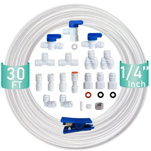 ESHIONG NSF Certified 1/4" O.D. Push to Connect Fittings for RO (Reverse Osmosis) Water Filter（ Fridge Installation Kits）20 pcs+30 feet 1/4" Water tubing.