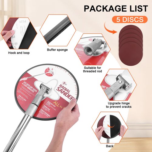 Pole Sander for Drywall, 85 inch Drywall Sander With Extension Pole, Manual Hand Drywall Sander with Extension Pole for Painting Projects， 360 Circular Radial Sander + 5pcs Wall Sanding Discs
