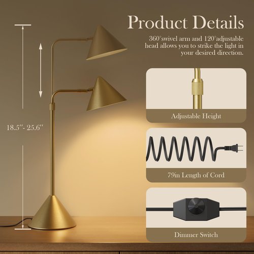 HISEEGO Metal Desk Lamp, 3000k Soft Light Modern Desk Lamp with Dimmer Switch, Adjustable Lighting with Swivel Arm Reading Lamp for Bedside Table, Office Desk, Task Light, Living Room(Gold)