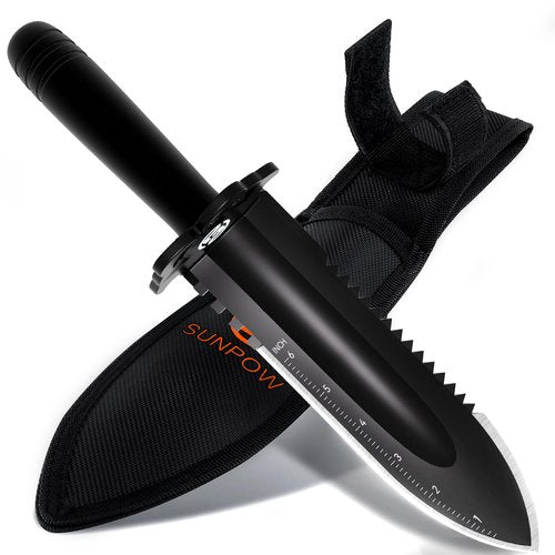 SUNPOW Metal Detector Shovel Digging Tools - Heavy Duty Double Serrated Edge Digger Shovel Knife - Garden Digging Tools with Carrying Sheath - Metal Detector Accessories
