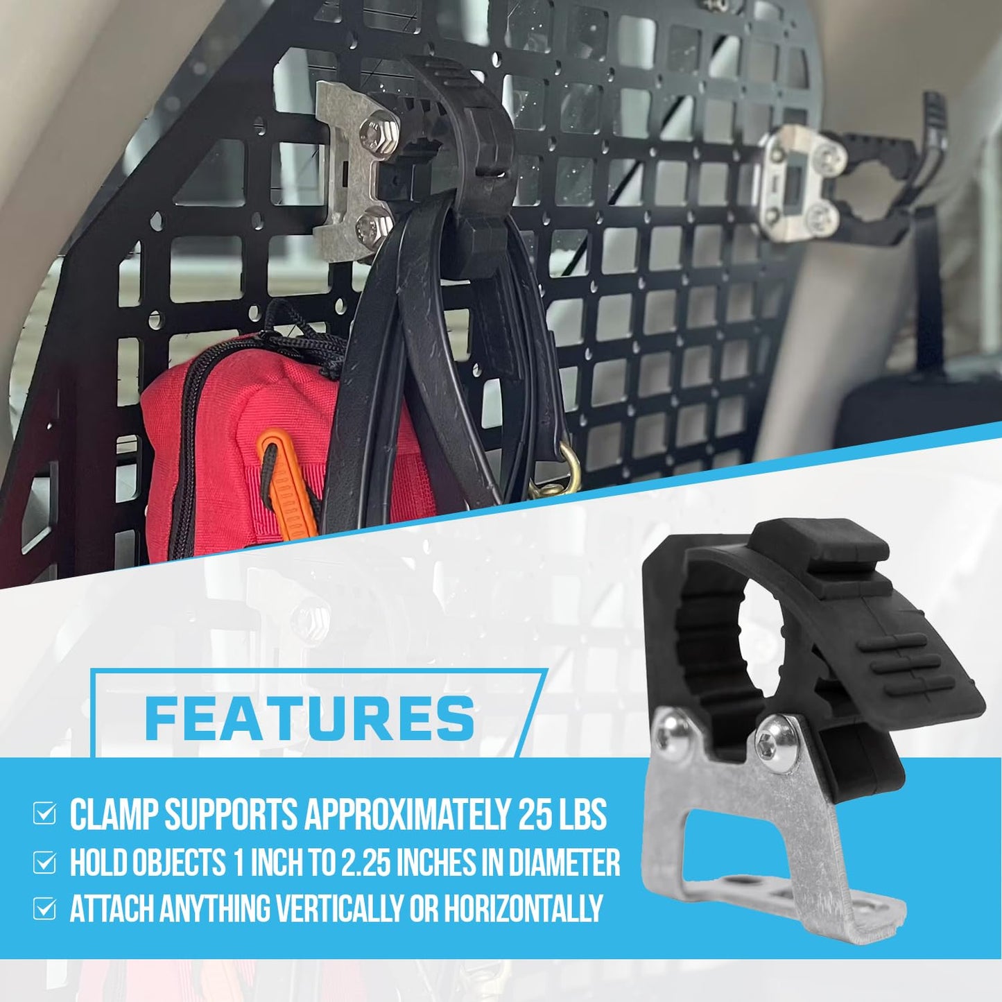 Rago Fabrication Molle Panel Mounts with Quick Fist Clamps for Shovels and Axes - CNC Cut Aluminum Mounting Brackets for Truck Beds - Made in USA