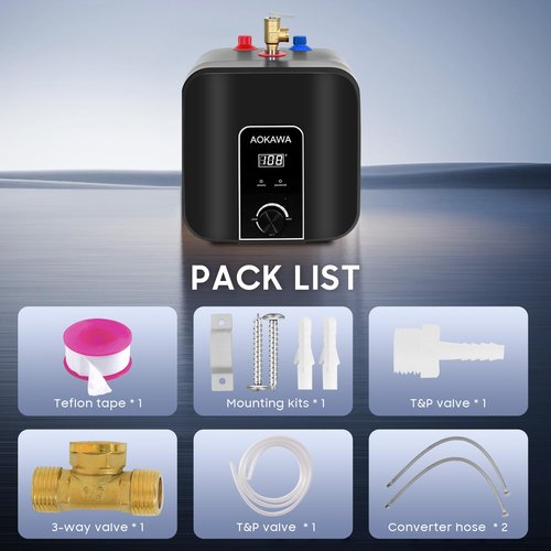 Aokawa Electric Mini Tank Water Heater 2.5 Gallon Under Sink Instant Hot Water Point of Use for RV Kitchen Bathroom Camper with Safety Vavle 1/2" NPT Wall or Floor Mounted