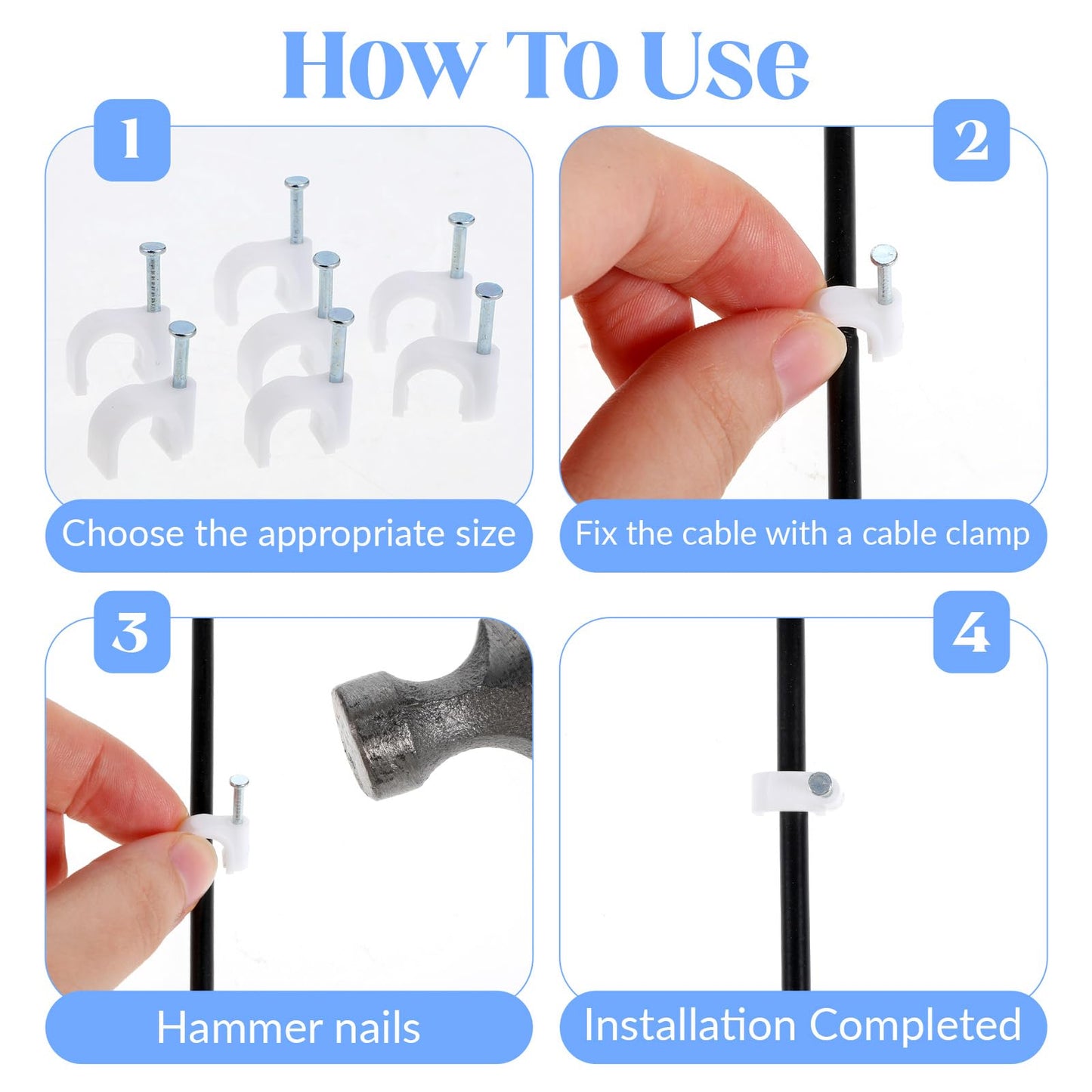 Bewudy 300Pcs Nail Cable Clips, Cable Wire Clips 4mm 6mm 8 mm White Wire Wall Clip with Steel Nails Cables Management Organizer Clip Cables Holder