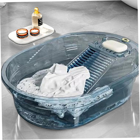 Washboard Basin 17x13x5 Inch Integrated Washboard with Non-Slip Pad Heavy Duty PET Wash Board for Hand Washing Clothes, Transparent Blue, Wash Board