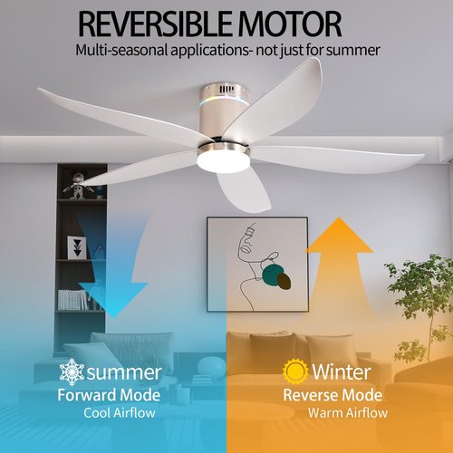 Carrefour Ceiling Fan with Lights,52 Inch Silver Flush Mount Ceiling Fans with Remote,RGB,6 Speeds DC Reversible, Dimmable, Noiseless,Bluetooth Speaker,Low Profile Ceiling Fans for Bedroom