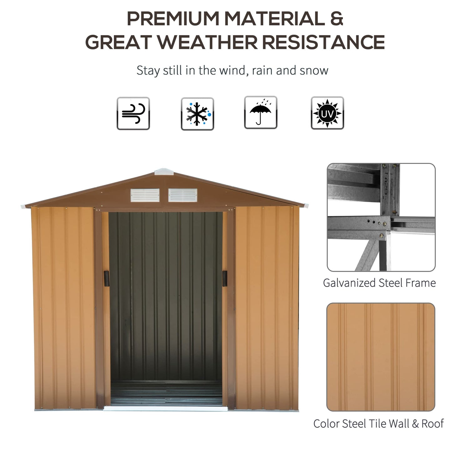 Outsunny 7' x 4' Outdoor Storage Shed, Garden Tool Metal Shed with Foundation Kit, Double Lockable Door, Air Vents and Sloping Roof, for Backyard, Patio, Lawn, Yellow